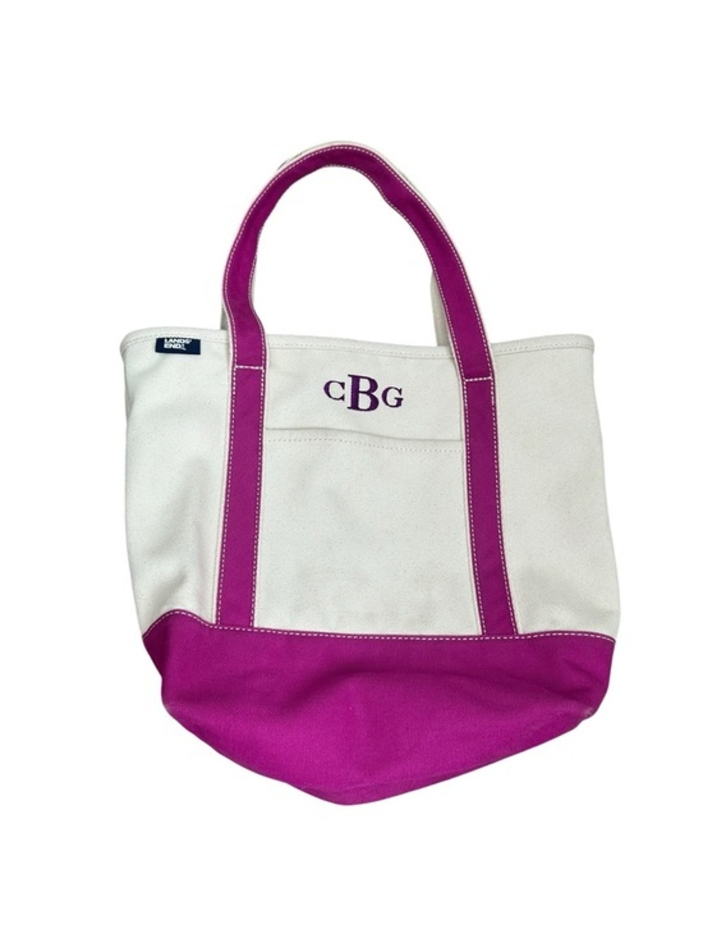 Lands' End White Canvas Tote with Fuchsia Trim and Handles